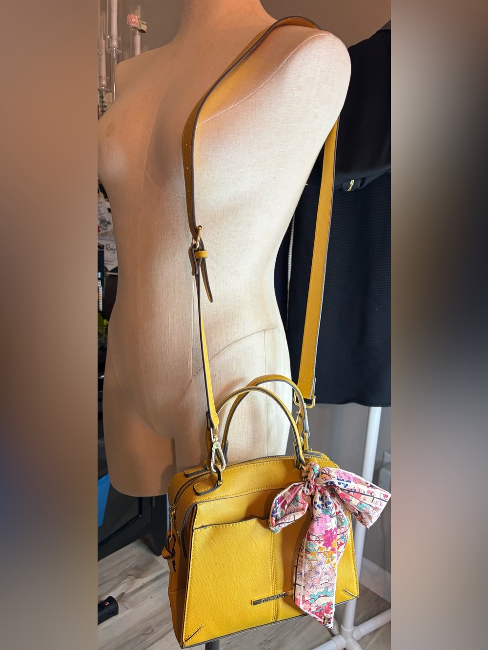 Steve Madden Yellow Satchel with Floral Scarf Accent